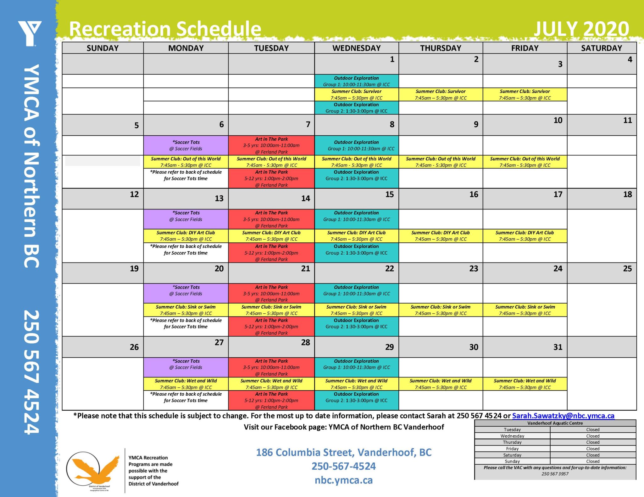 Schedules | YMCA of Northern BC